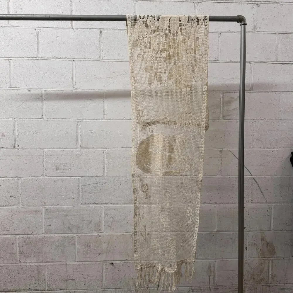 Antique French Figural Filet Lace Cat Sleeping Curtain - Rare Unique Animal